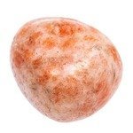 closeup of sample of natural mineral from geological collection - tumbled Sunstone (heliolite) gemstone isolated on white background